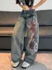 Jeans Wide-leg Feminino com Bordado Exclusivo Transfronteiriço, Totem Lateral, Estilo Hip Hop Americano Streetwear, Calça Longa Cimitarra