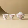 Juego de Té de Viaje Kung Fu Clavel Tallado Pintado a Mano de Fábrica con un Tazón y Dos Tazas Taza de Té con Tapa Portátil para Exteriores