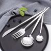Conjunto de quatro peças principais portuguesas planas de aço inoxidável, espelho leve, faca, garfo e colher, utensílios de mesa