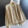 2026 Seda de Morera Elegante Estilo Chino Cuello Alto Pequeño Cárdigan Delgado Manga Larga Top de Seda para Mujer Venta al por Mayor H16AT062