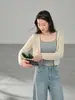 [Ge Ming] Estilo Coreano Primavera Novo Top Curto com Capuz Solto de Manga Longa Camisa de Malha Recortada para Mulheres W889A