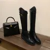 Versión de Piel de Vaca~Piel Genuina Hebilla Oblicua Correa Arco del Triunfo Botas Largas Tacón Grueso Botas Altas Botas de Caballero Botas Largas de Otoño/Invierno para Mujer Más Terciopelo
