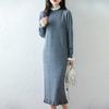 Vestido de Tricô Meia-Gola com Orelhas de Lã Pura, Outono e Inverno 2025, Manga Longa, Combinação de Cores, Saia Longa Solta para Mulheres