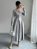 Novo Vestido de Primavera Estilo Francês da Amazon, Decote V Elegante, Mangas Longas, de Botão Único, Comprimento Acima do Joelho, Cintura Marcada, Transfronteiriço