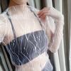 Nueva Camisa Base Ajustada de Primavera y Verano para Mujer Camisa de Malla de Red de Pesca Transparente Sexy Cuello Pequeño Manga Larga Camisa de Encaje