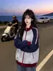 Sudadera con Capucha y Cremallera de Cuello Alto con Diseño de Personalidad de Calle de Alta Gama de Tendencia Americana Patchwork Bloques de Color Chaqueta Top de Otoño para Mujer