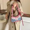 Lindo Bolso de Hombro de Mezclilla a Cuadros Rojos - Bolso Hobo Kawaii con Adorno de Encaje y Detalle de Botón de Cereza para Mujeres y Niñas