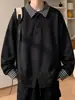 Moletom listrado adolescente, casaco pesado masculino, estilo streetwear americano, nova coleção de outono 2026, gola polo patchwork