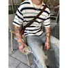 Camiseta Masculina Casual de Seda Estilo Americano Fina Respirável Listrada Solta de Manga Curta Gola Pequena Versátil Camisa de Marinheiro