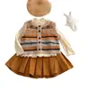 Conjunto para Meninas Outono Novo Estilo Bebê Estiloso Suéter Colete Fair Isle Renda Camada Base Calça Wide-Leg Infantil Tendência