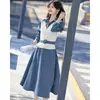 Vestido versátil estilo coreano com lapela, falso duas peças para mulheres, novo estilo mais vendido com cintura de amarração, efeito emagrecedor, saia evasê color block para primavera e outono