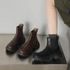 Botas Chelsea de Couro de Sola Grossa Confortáveis e Estilosas para Mulheres, Inverno 2025 Plataforma Salto Médio Bico Redondo Couro Genuíno Botas de Tornozelo