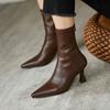 Botines Marrones Mujer Tacón Alto Tacón Fino Puntiagudos Cremallera Trasera Con Peluche Nuevo Invierno 2023 Estilo Coreano Elásticos Delgados