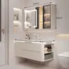 Gabinete Lateral Inteligente Combinado de Madera Maciza Estilo Crema de Lujo Ligero Gabinete de Baño con Lavabo Cerámico Integrado
