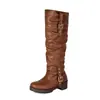 Botas de cowboy western retrô 2026 para mulheres, bico redondo, sola grossa, tamanho 40-45, tamanho grande, botas altas plissadas acima do joelho