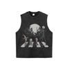 Camiseta de manga corta estilo hip hop para hombre y mujer, estilo vintage de lavado pesado con estampado de calavera de parodia callejera de Europa y Estados Unidos, de media manga.