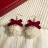Nuevos Pendientes de Terciopelo Rojo Vino con Lazo y Bola de Piel para Mujer, Estilo Coreano Otoño e Invierno, Elegantes Pendientes de Año Nuevo para Mujer