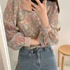 Corea del Sur chic joven chica primavera dulce reductor de edad floral vintage cuello cuadrado manga larga camisa suelta chiffon top