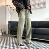 Pantalones vaqueros estilo americano vintage con letras bordadas para hombre, holgados, rectos, con cordón trenzado, pierna ancha, informales, largos.