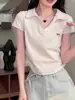 Camiseta de Verano de Algodón Puro de Manga Corta para Mujer Talla Grande, Diseñada con Cuello Polo, Corte Ajustado, Hombro Normal, Top Favorecedor