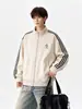 Chaqueta cárdigan de cuello alto con bloques de color de tres rayas estilo americano, nueva colección de otoño, chaqueta corta casual deportiva de corte holgado para hombres y parejas