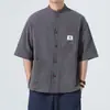 Nova camiseta de manga curta estilo chinês, camisa de verão cinza casual leve com cores contrastantes, camisa masculina de manga curta estilo Tang chinês tradicional de corte solto, tamanho grande