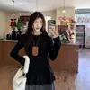 Camiseta Térmica de Cuello Redondo con Parches de Encaje para Mujer, Nueva Camiseta de Manga Larga Estilo Francés Otoño/Invierno 2025