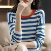 Suéter de Algodón Completo para Primavera y Otoño para Mujer, Tejido de Punto Rayado Estilo Coreano, Corte Holgado, Camiseta Base Delgada, Top Versátil, Venta al por Mayor