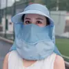 Chapéu de Sol Removível para Mulheres Verão Estilo Coreano Chapéu de Topo Vazio Aba Larga Anti-UV Chapéu de Sol para Ciclismo Chapéu com Máscara Facial