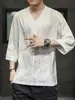 Camiseta de verano holgada para hombre con tacto de seda helada, diseño de cuello en V, estilo Hanfu, top de nicho de manga tres cuartos, fina, estilo chino