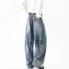 Calça jeans masculina de corte solto com design patchwork, estilo americano, versátil, fluida, casual, perna reta, moderna, perna larga, calça comprida para o outono