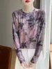 Camiseta de Cuello Redondo de Manga Larga Transfronteriza Moda y Versátil Ropa de Punto Fina Estilo Chino Pintura a Tinta para Mujer Primavera y Otoño 2025