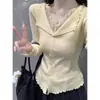 Suéter de Punto Irregular con Retazos de Encaje Francés Otoño Cuello en V Nuevo Estilo Invierno Top Adelgazante Base para Mujer