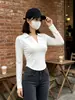 Camiseta de manga larga corta con cuello polo para mujer, otoño e invierno, ajustada, sexy, top con dobladillo en forma de U, camiseta básica de hombro normal para chica joven
