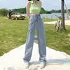 Jeans Simples de Cintura Alta com Botão Duplo e Barra Larga para Mulheres Outono e Inverno Novo Estilo Jeans Espesso com Pelúcia Solto Comprimento Total