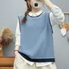 Chaleco de punto de bloques de color para mujer, estilo japonés, cuello redondo, sin mangas, corte holgado, perfecto para usar en capas, prenda exterior, chaleco suéter