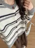 Coleção Outono/Inverno 2026 estilo coreano: Cardigan de tricô listrado color-block, de caimento solto e relaxado, para mulheres, projetado para criar um efeito emagrecedor