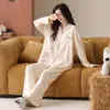 Algodão Puro Conjunto de Pijama Feminino Manga Longa Calça Longa Gola Lapela Solto Fofo Estampa de Desenho Roupão de Casa Outono