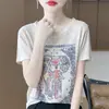 Camiseta de tricô Lyocell de manga curta, estilo coreano, versátil, gola redonda, com design estiloso de elefante, solta e respirável, vestuário feminino