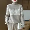 Suéter de Punto Grueso Nuevo de Manga Larga para Mujer, Tejido Jacquard, Cuello Alto, Combinación de Colores, Lana Pura