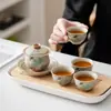 Conjunto de Chá Kung Fu Gaiwan Azul e Branco Vintage Vermelho Firestone Três Talentos Presente Corporativo de Alto Padrão Personalizável com Logo
