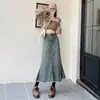 Saia Vintage Midi Cauda de Peixe, Saia Jeans Outono e Primavera para Mulheres, Barra Desfiada, Cintura Alta, Linha A Emagrecedora, Meia Saia que Cobre o Quadril