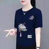 Camiseta de Manga Corta Suelta de Nuevo Estilo para Comercio Exterior Transfronterizo, Camiseta Casual Adelgazante con Estampado Estilo Chino para Mujeres de Mediana Edad y Mayores