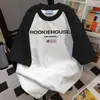 Camiseta de Manga Corta con Estampado de Letras a la Moda Estilo Americano Bloques de Color Verano 2025 Casual Suelta Diseño Pesado