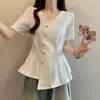 210g Algodón Fino Verano Tallas Grandes Ropa para Mujer con un Diseño Único, Cintura Irregular Ceñida, Camiseta de Manga Corta Adelgazante, Delgada