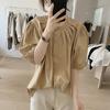 Camisa de Manga Abullonada 2025 para Mujer, Nuevo Estilo de Verano, Corte Holgado, Adelgazante, Cuello Redondo Fruncido, Top de Algodón de Manga Corta de Nicho