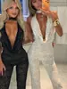 Mono Sexy de Cuello Halter Transfronterizo 2025 Escote en V Profundo Espalda Descubierta Ajustado Bodycon Largo Vestido de Fiesta Mono para Mujer