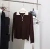 Elegante suéter de punto con cuello polo de color bloque, suéter de lana sedosa, jersey base holgado y cómodo, top tipo camiseta