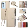 Funda tipo cartera con cremallera y múltiples ranuras para tarjetas en relieve para Oppo A6X con correa para el cuello Find X9Ultra Funda de cuero tipo flip
