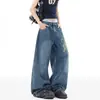 Calça Jeans Bordada com Tinta Salpicada Estilo Americano para Homens e Mulheres, Marca Trendy de Inverno, Calça de Corte Curvo, Calça Longa Wide-Leg Cleanfit